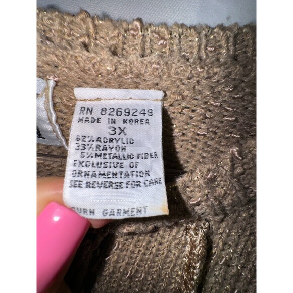 Vtg Sweater Plus Size 3X Brown Gold Cable-Knit Fringe Sparkle Disco Boho 80’s - Picture 4 of 7
